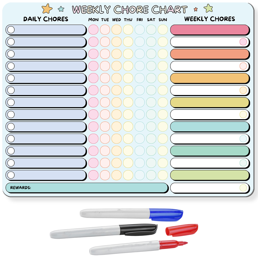 Magnetic Chore Chart for Kids | Large 10” x 13” Reward Chart with Erasable Marker | Durable Dry Erase Board Magnet