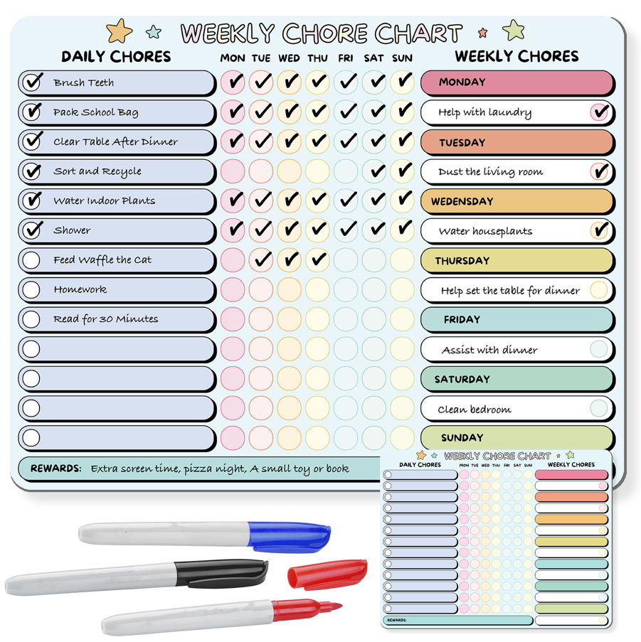 Magnetic Chore Chart for Kids | Large 10” x 13” Reward Chart with Erasable Marker | Durable Dry Erase Board Magnet