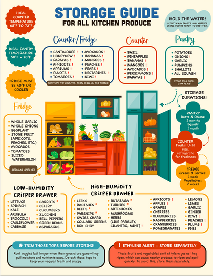 Kitchen Food Storage Guide Magnet | Seasonal Fruit and Vegetable Organizer | Durable Waterproof Fridge Magnet Made in USA | 8.5 x 11” Large Cheat Sheet for Fresh Produce